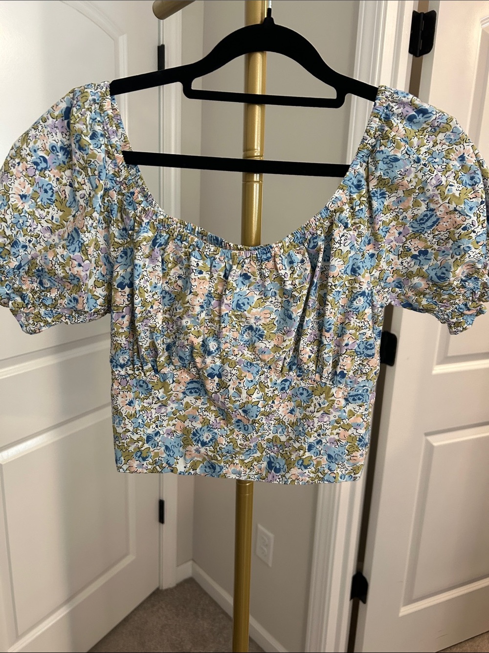 SIM & SAM Floral Puff Sleeve Crop Top in Blue and Pink